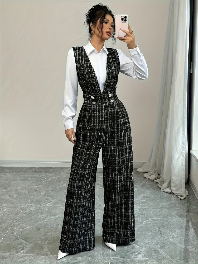 High Waisted Wide Leg Plaid Tweed Jumpsuit Double Breasted attached Vest with Pearl Buttons