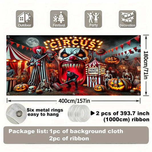 Graphic Printed Heavy Cloth Backdrop, Horror Clown Circus Scene, Polyester Garage Door Backdrop, Washable and Reusable
