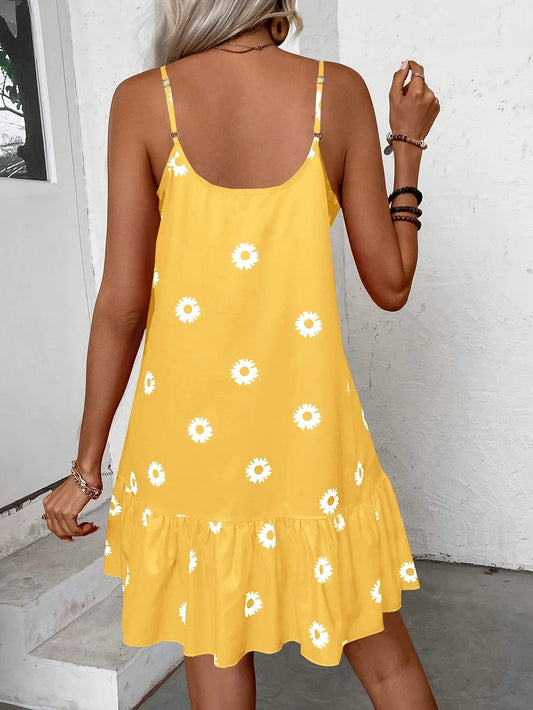 Plus sizes to 5XL sleeveless floral print dress, sun dress with ruffled hem, casual spaghetti straps, and v-neck