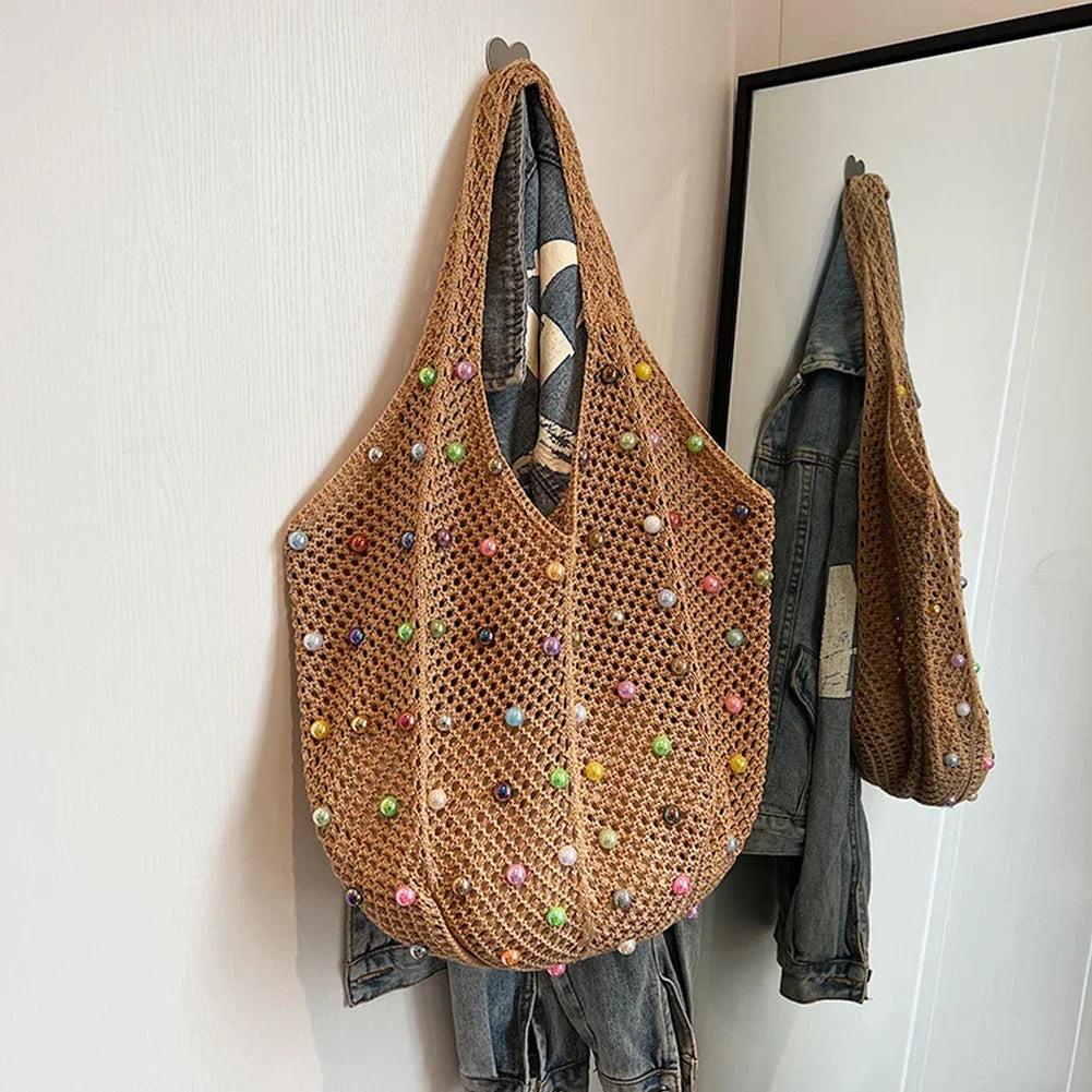 Boho Crochet Bag with Colored Beads Aesthetic Large Capacity Knitted Tote/Handbag Available in 4 Colors