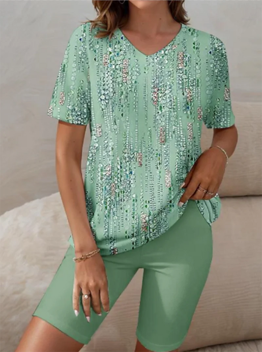 Sizes to 4XL Short-Sleeved Set, V-Neck T-Shirt, Solid Color Elastane Shorts