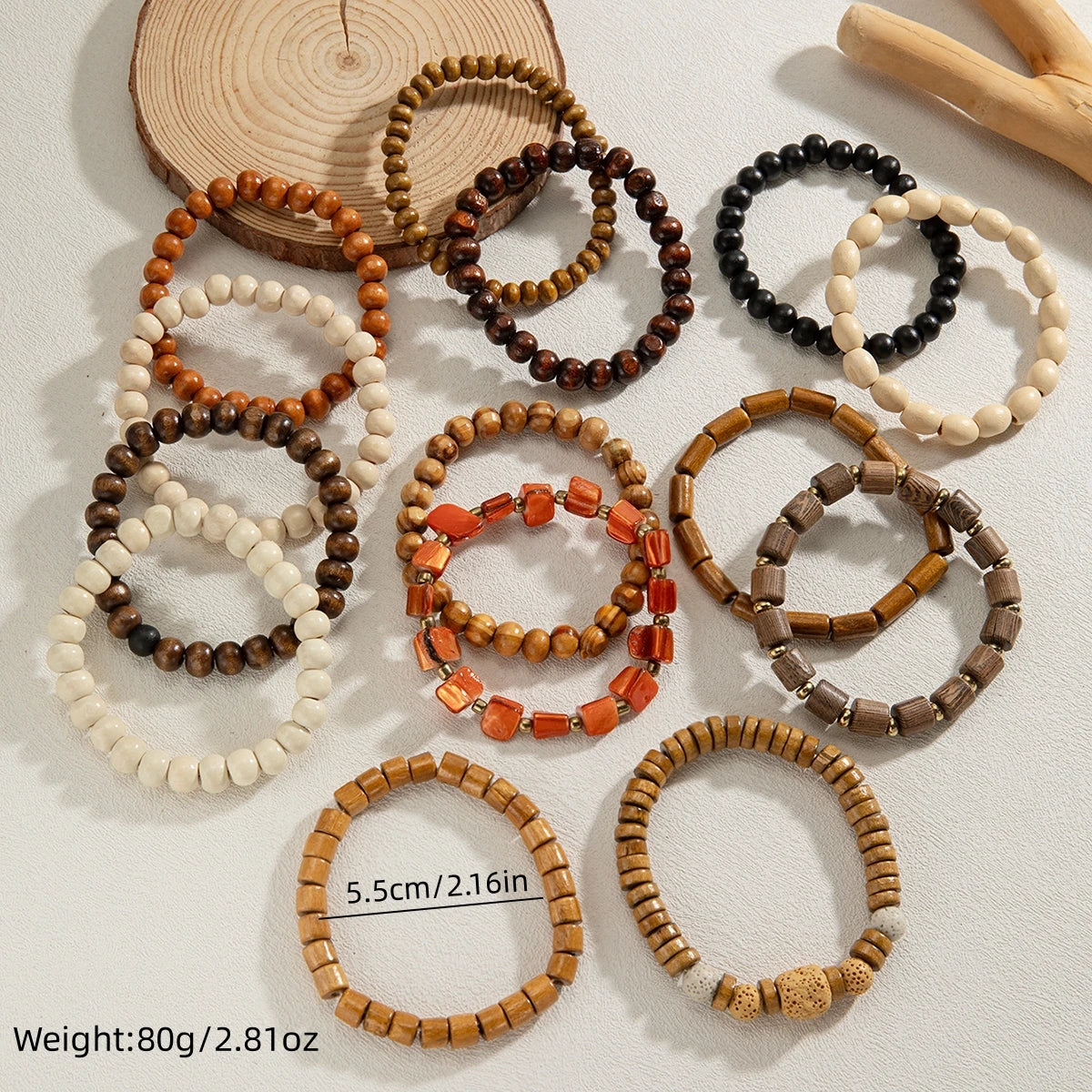 14-piece Boho wooden bead bracelet set