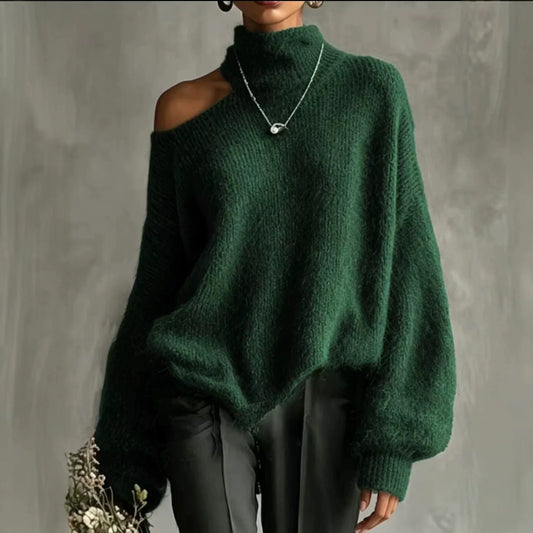 Off-Shoulder High-Collar Loose Knit Pullover, Long Sleeve, 10 Colors in sizes to 2XL
