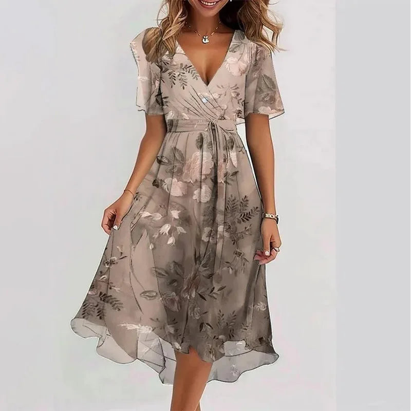 Sizes to 3XL, Loose, Casual, V-neck, Crisscross Top, Tie Waist, Bell Sleeves, Floral Printed Dress