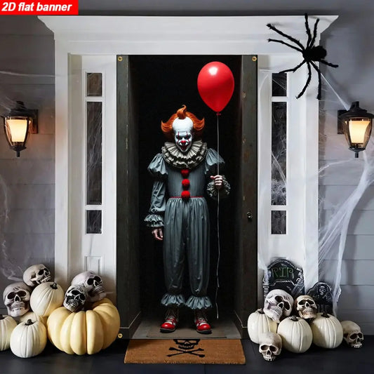 Joker Pennywise Door Cover, 71 by 35 inch banner and balloon arch decoration -2D horror movie themed door decoration