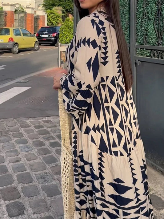 Boho Vintage Maxi Dress Long Sleeve Long Loose Dress with V Neck
