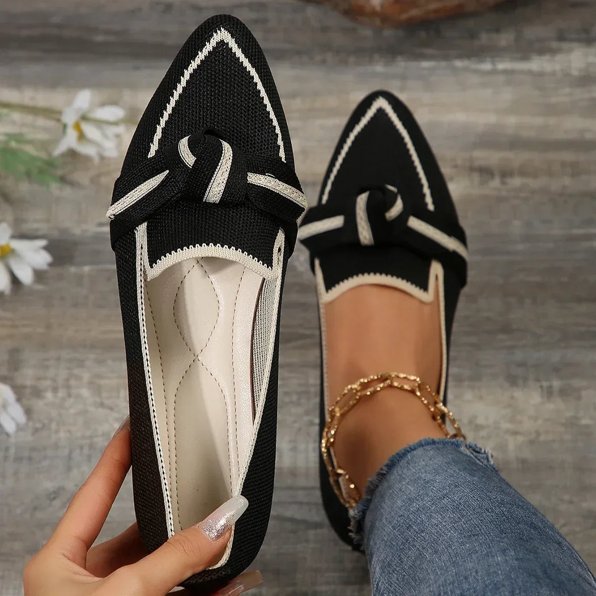 Women's Flats Knitted Slip-On, Breathable, Comfortable, 2-Toned Shoes, Casual Pointed Toe Loafers