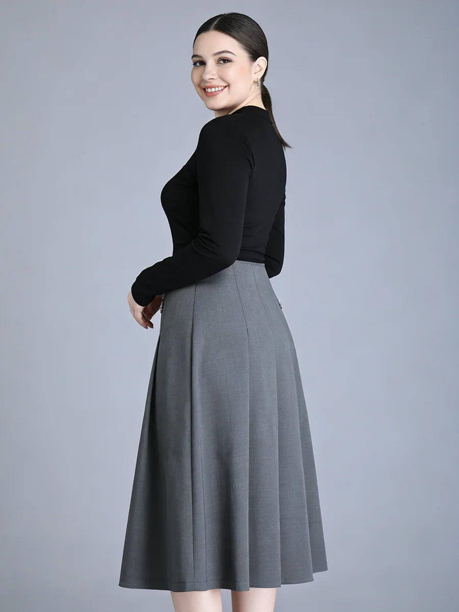 Plus Size to 5XL High Waist, Button, Pleated A-Line Bottoms Stretchy Midi Skirt