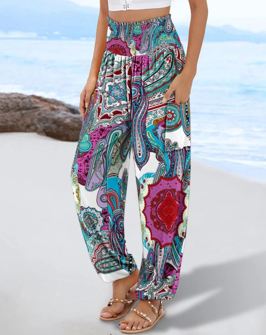 Boho High-Waisted Smocked Harem Pants With 6 Different Floral or Geometric Prints, Side Pockets, and Elastic Cuffs
