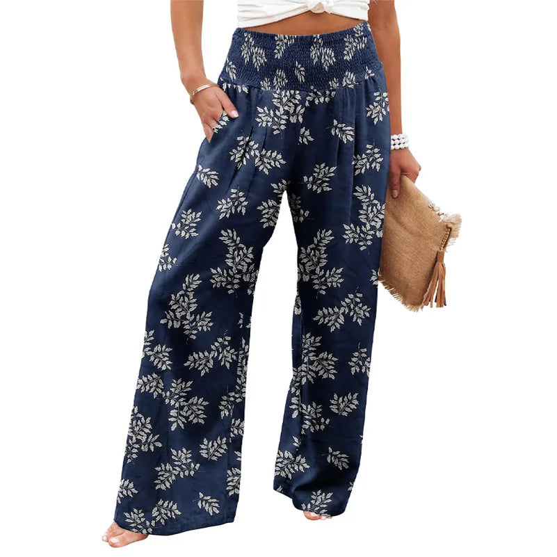 Sizes to 5XL Bohemian Floral printed, wide leg pants, elastic waist, casual pants with pockets