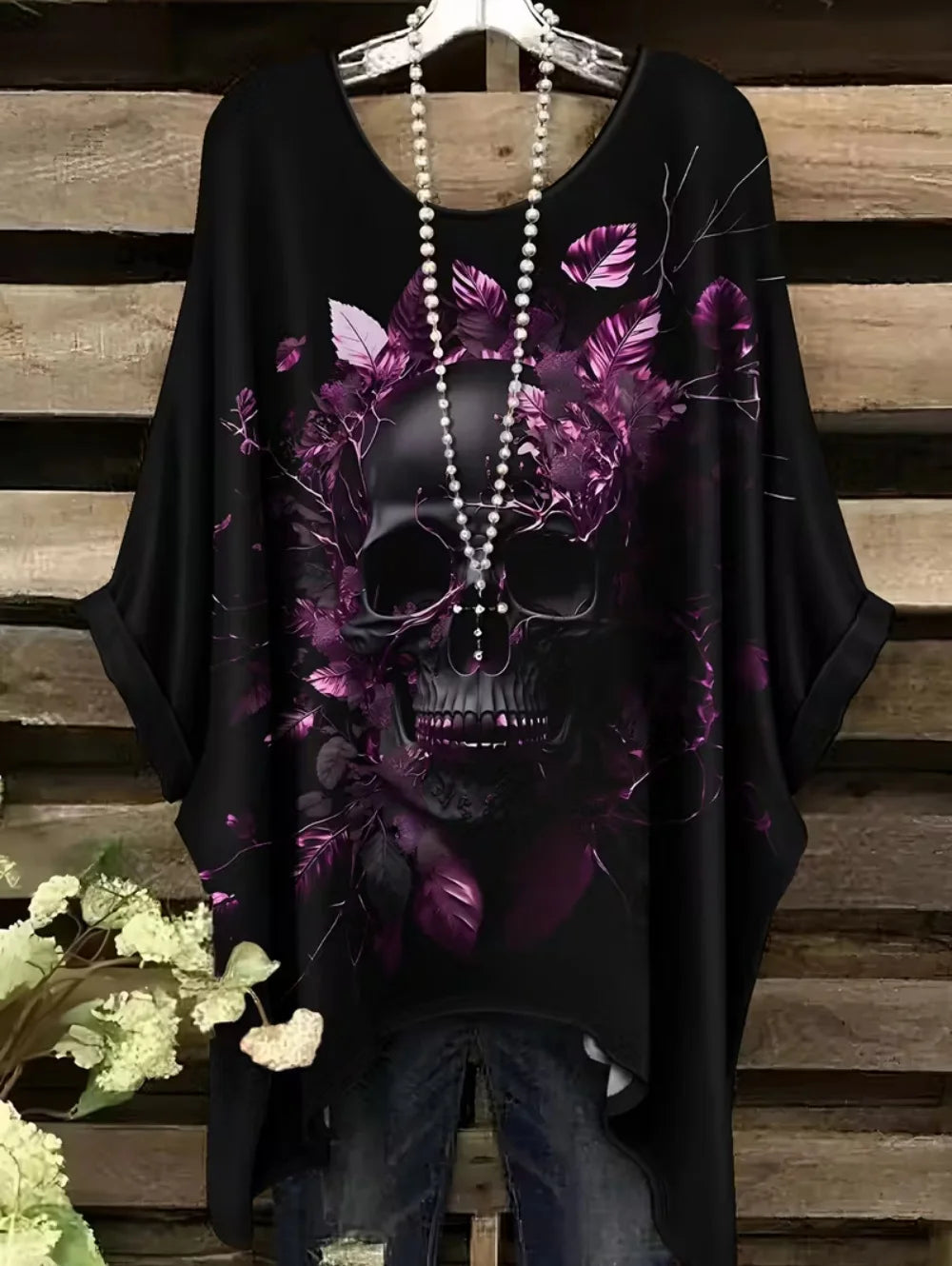 Sizes to 3XL Bohemian Skull Print Loose T-shirt Irregular Hemline O-Neck Short Sleeved Oversize Various designs