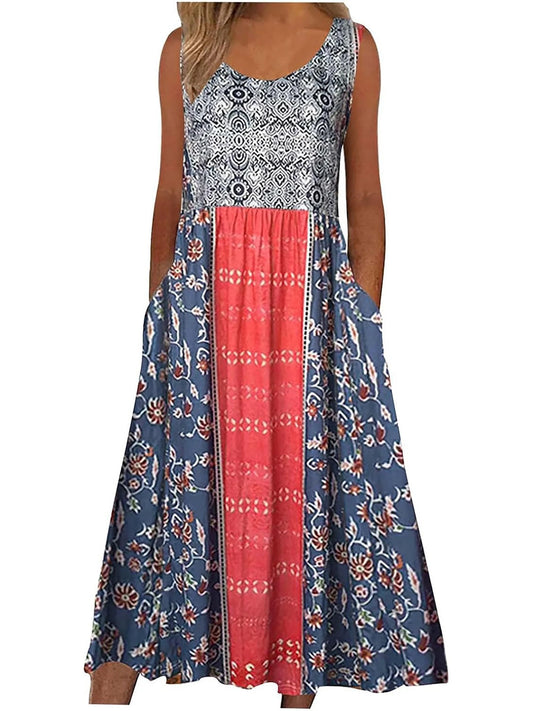 Sleeveless Boho floral casual Midi length sundress with pockets and flowing loose Skirt. 7 Different patterns Up to 2XL