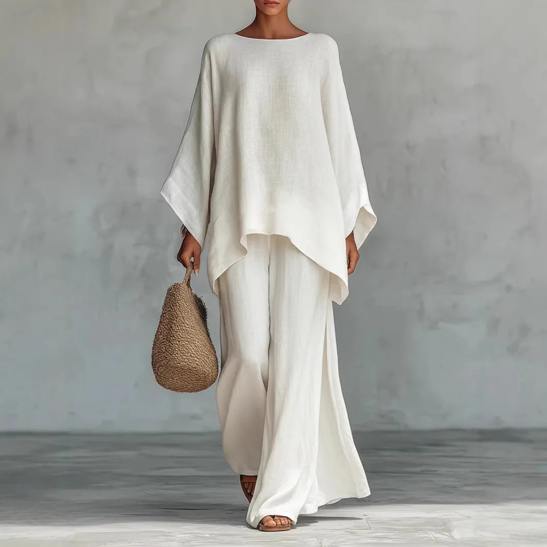 Retro Loose Linen, Long-Sleeved, Extra-Wide Legged Pantsuit, Angled Hem on Top Hem and Sleeves. Comes in Wine Red, White, Grey, Black, and Khaki