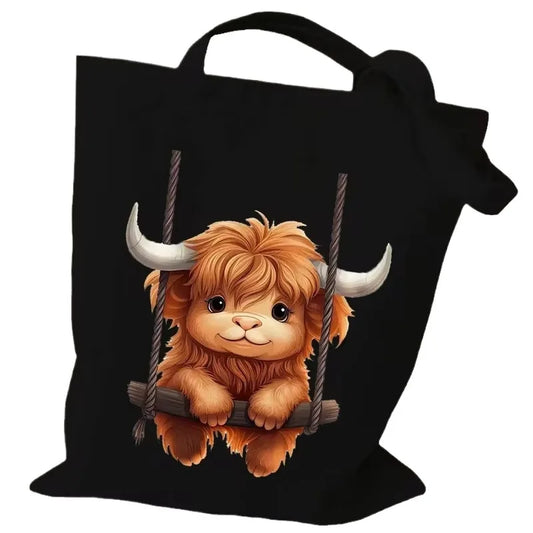 Adorable Highland Cow Print Canvas Large Capacity Tote Bag