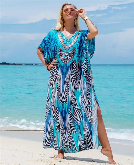 Plus Size Women's Plus Size Moroccan Print V-Neck Batwing Kaftan in 8 Designs