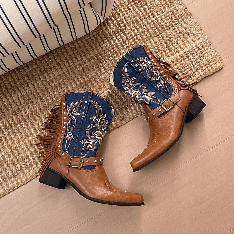 Vintage Western Cowboy Boots, Embroidered, Tassels, Studded, Block Heel, Versatile