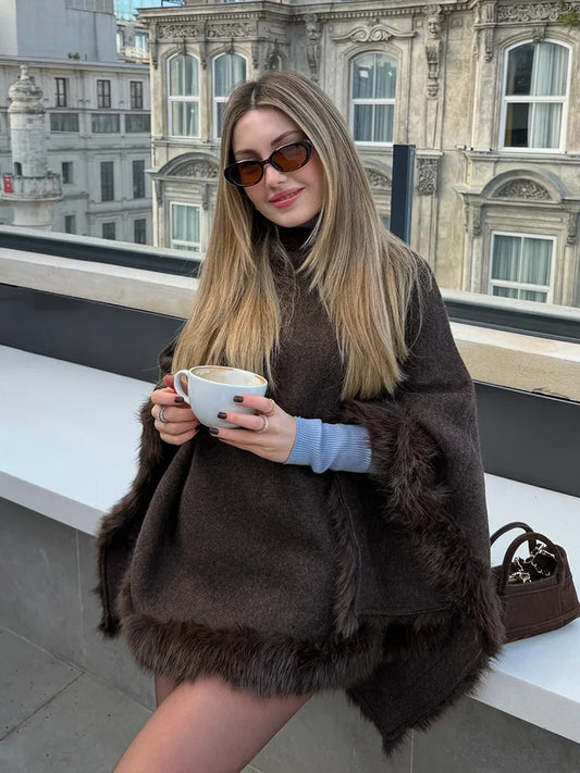 Chic Faux Fur Edged Cape High Collar Casual Loose Knitted