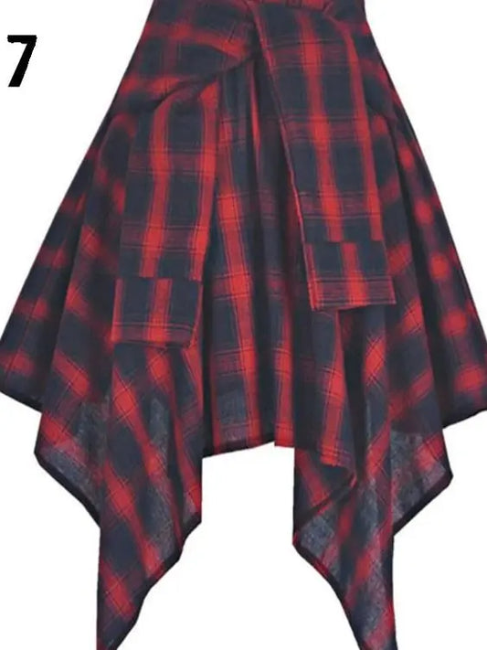 Sporty Street Style with Ruffle and Bow Tie Asymmetrical Hankie Hemline Elastic Waist, Plaid Patterned Skirt--Sizes 58 Centimeter Waist