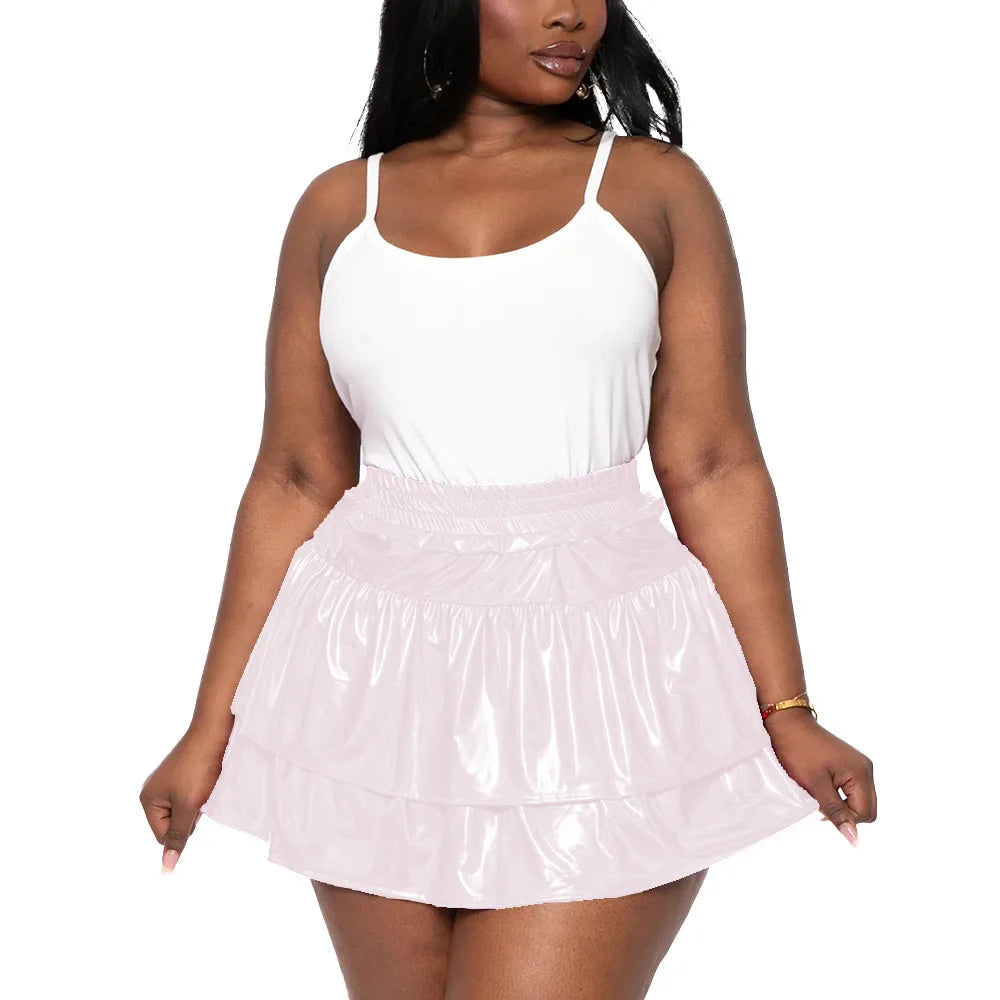 Sizes to 8XL!! Hologram Laser Tiered Pleated Mini Skirts, High Elastic Waist, A-line