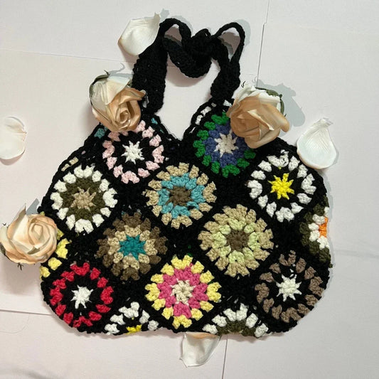 Vintage Boho Tote Bag Trendy, Large Capacity, Colorful Floral Crochet Hand Knitted Purse In 6 different background Colors