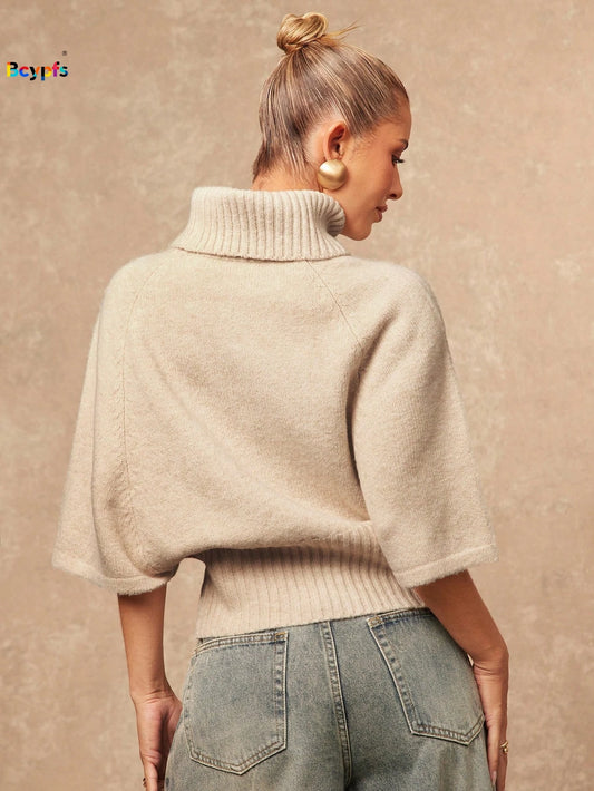 Beige Turtleneck Cable Knit Sweater with Short, Loose Batwing Sleeve, Loose Cropped Pullover