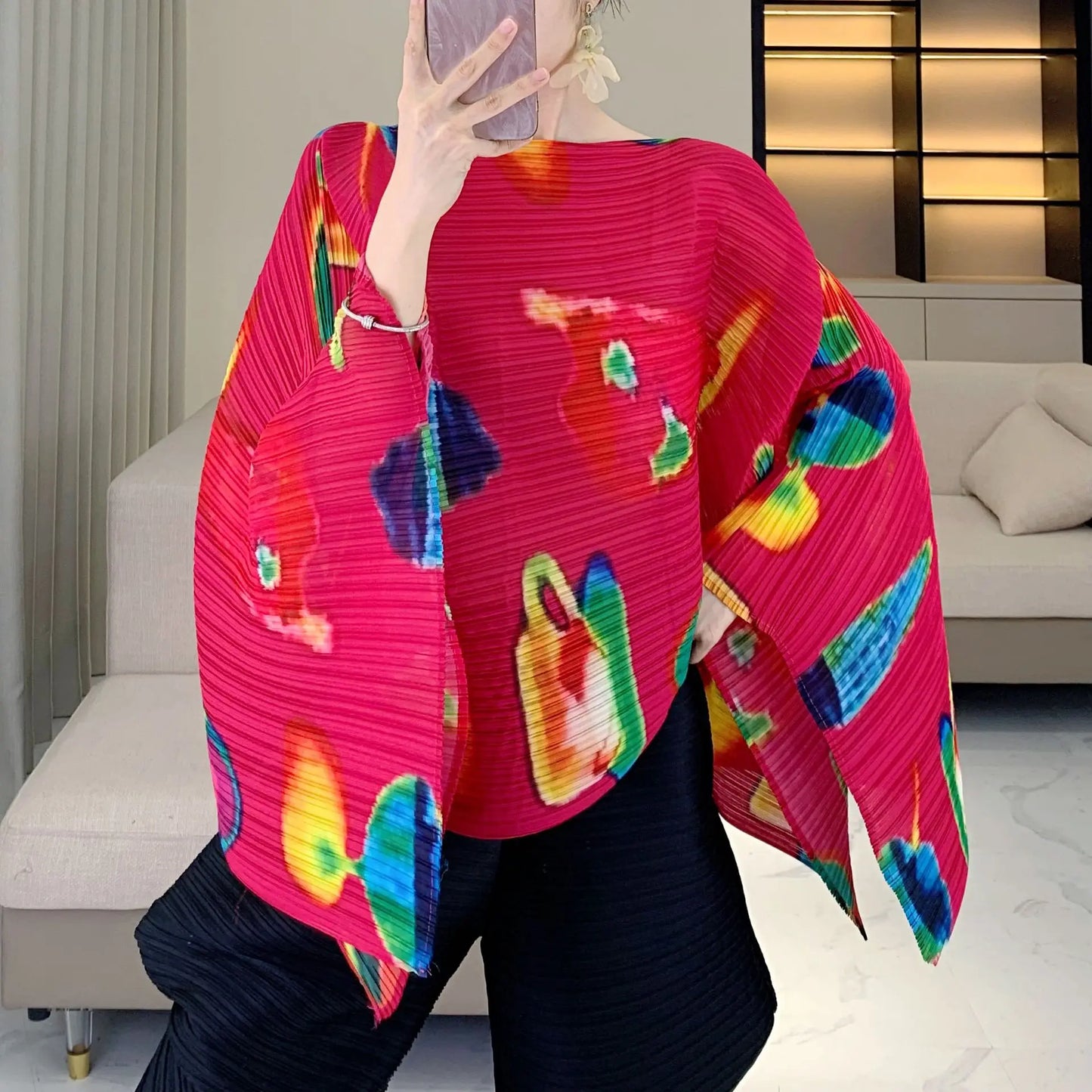 Pleated Striped Shawl, Fashionable Striped, Casual Outerwear, Versatile, Bat Sleeve Cape