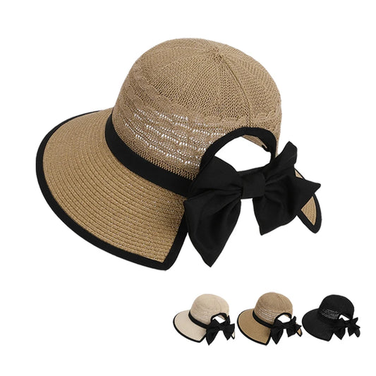 Bow-tied Straw Sun Hat with Ponytail Hole in 3 Colors