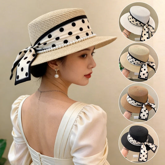 Straw Hat with Polka Dot Ribbon, Pearl, and Wide Brim Sunshade