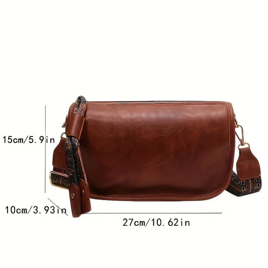 Zipper Closure Crossbody Bag, Stylish Leather Shoulder Bag with Wide Strap