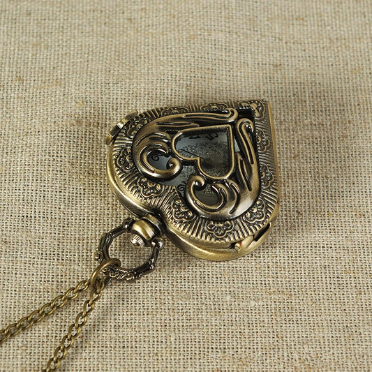 Vintage Bronze Heart Shape Pendant Quartz Pocket Watch with Necklace Chain