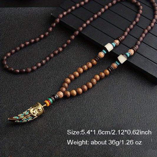 Vintage Handmade Necklace Nepal Mala Wood Beads Pendant & Necklace