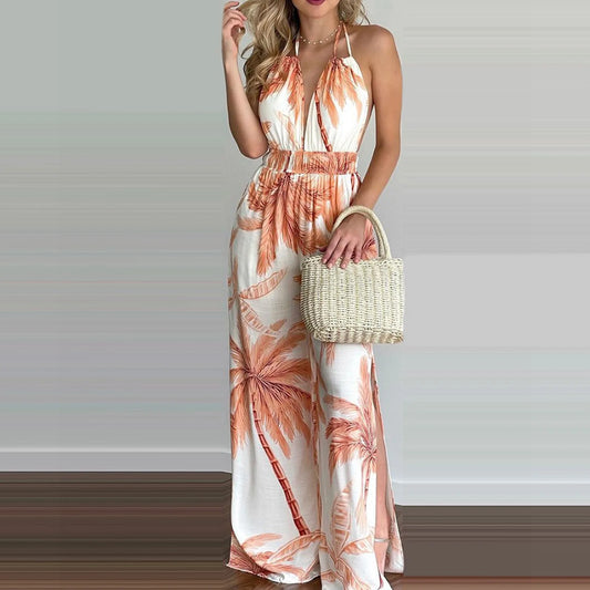 Sizes to 3XL, Colorful print jumpsuits, Sleeveless , Plunging V-neck , Halter top, Long Wide pants, Elastic Waist