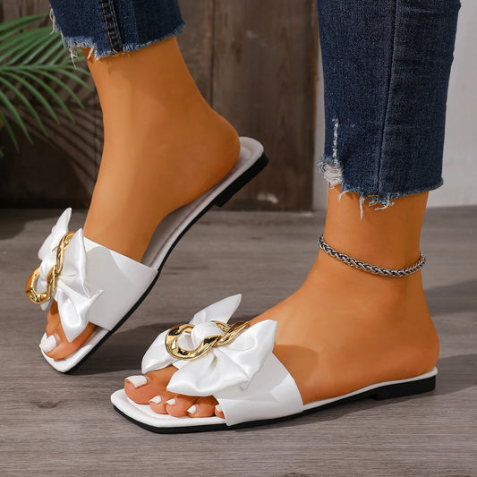 Square-Toed Comfortable Flat, Anti-Slip, Bow with gold Band, Casual Women's Slippers in Large Sizes