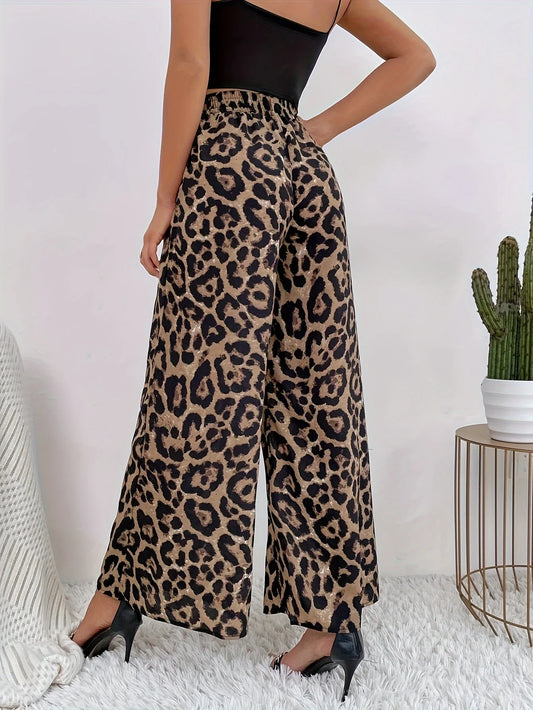 Leopard Print, Casual Straight, Wide Leg Pants, Elastic Waistband