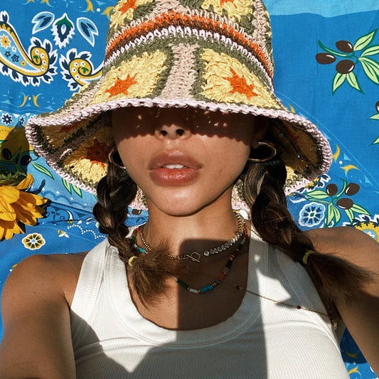 Bright Colored Floweed Crocheted Fisherman Hat