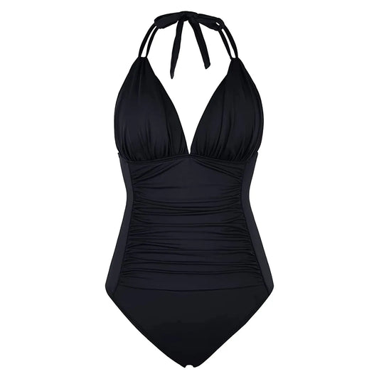 Basic Solid Color Halter One Piece Tummy Control Swimwear
