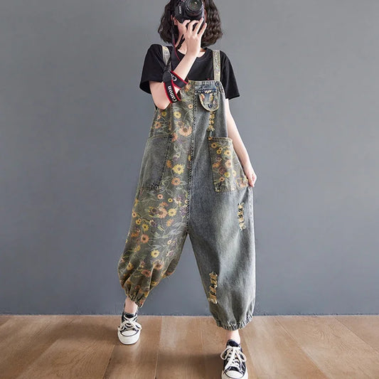 Sizes to 2XL Casual Print Floral Denim Jumpsuits Loose Wide Leg Button-Up Straps Baggy Pants Loose Elastic at Ankles