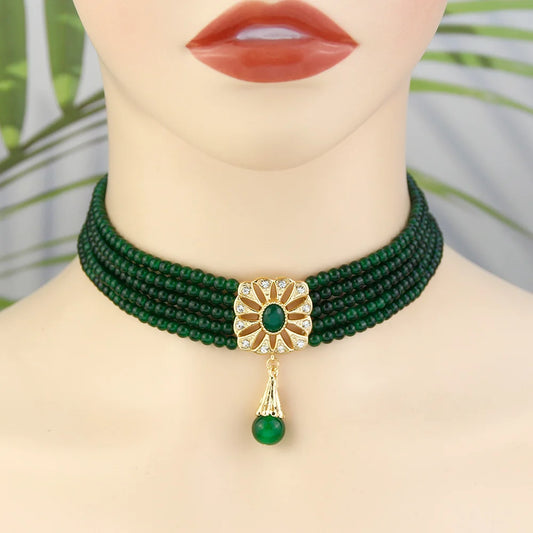 Beaded Choker Necklace Moroccan Square Metal Pendant