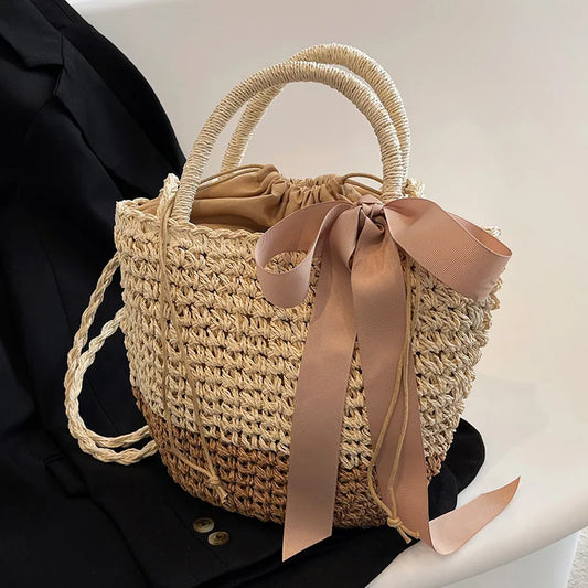 Vintage Bow Decors Bucket Shoulder Handmade Straw Bag with Drawstring Close Lining