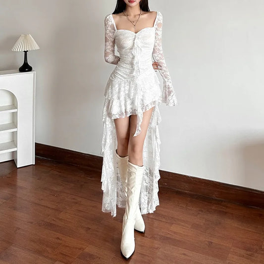 Goth Dark Fairycore Lace Flare Sleeve Square Neck A-line Irregular Long Hem in back, short hem in Front. Available in Black and white