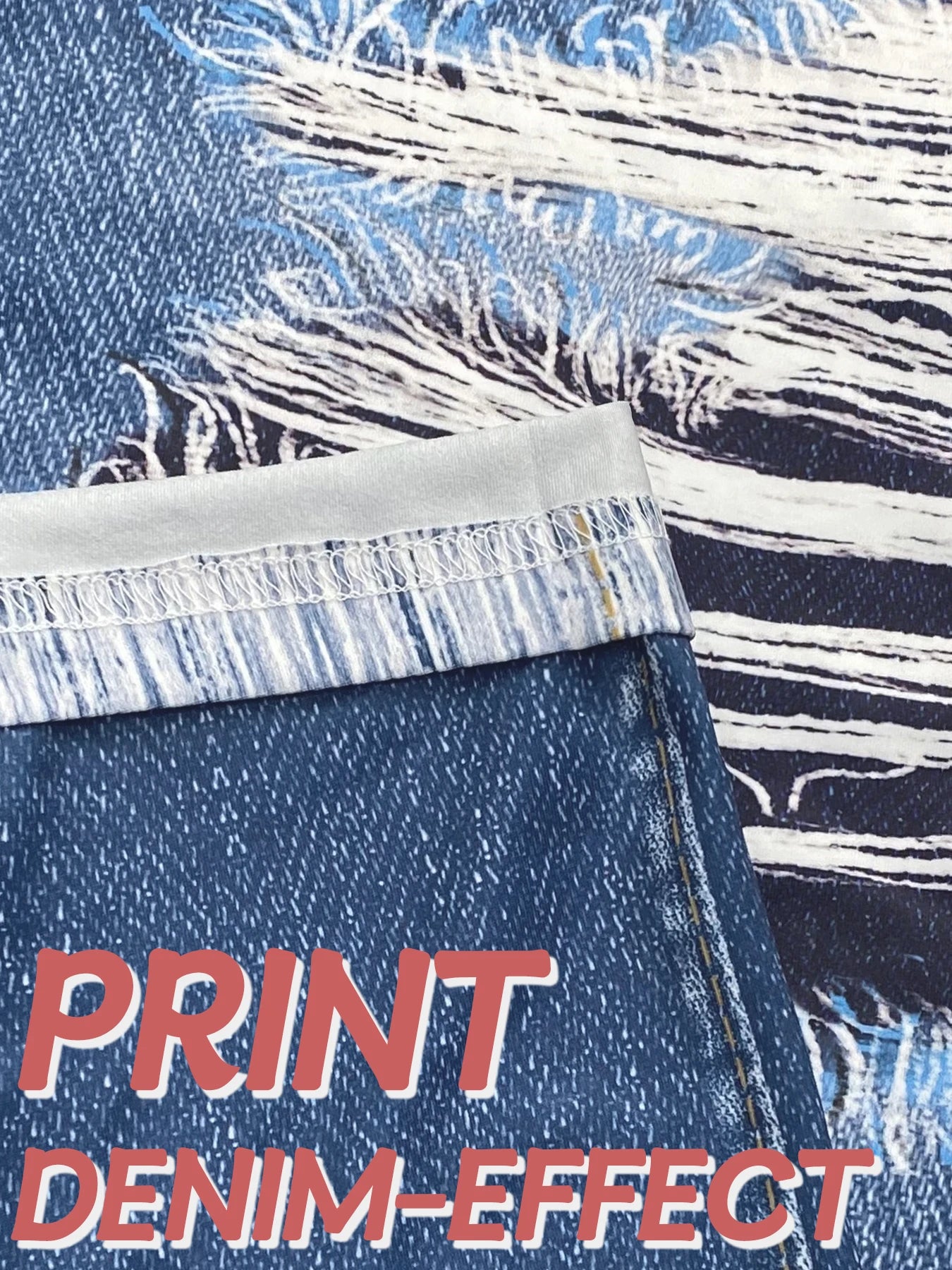 Plus Size to 4XL Women's Tight Imitation Denim Printed Ripped Pattern High Waisted Elastic