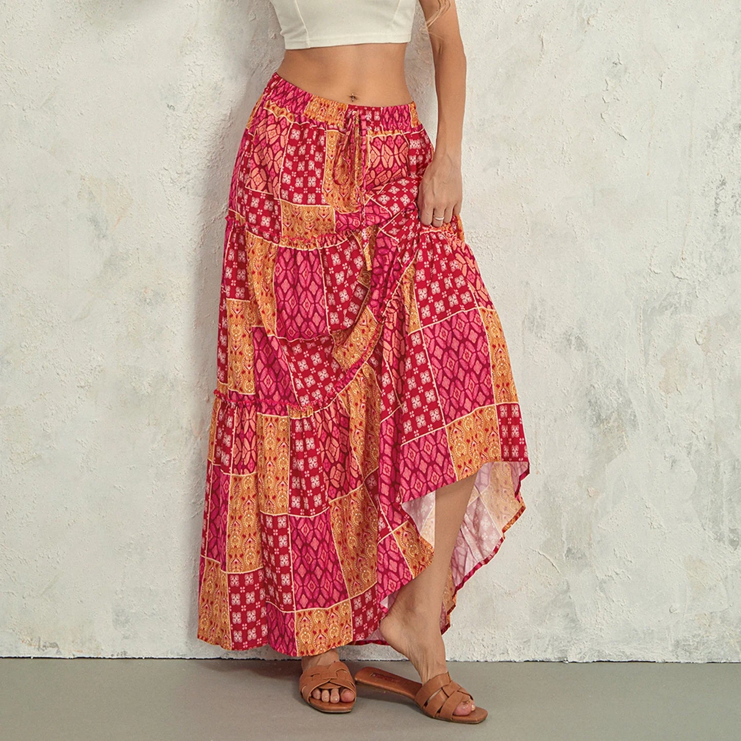 Bohemian Long Skirt with Elastic High Waist, Tiered A-line with Pockets