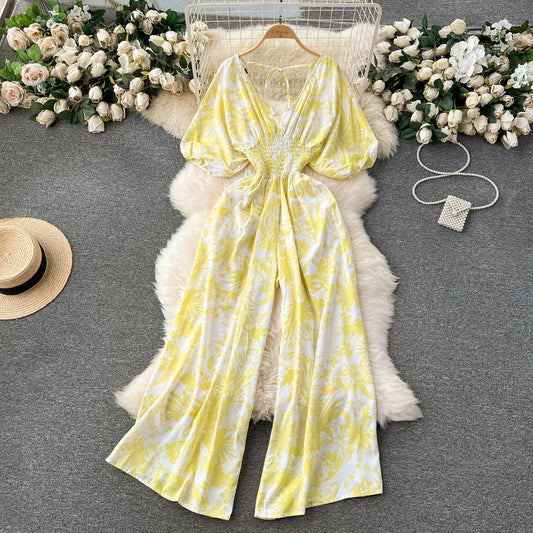 V Neck Dolman Sleeves Slim Waisted Floral and Polka Dot Print Jumpsuit with Wide Legs