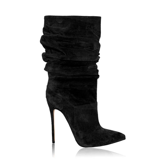 Women Beige Suede Slouch Pointed Toe Stiletto Ankle Boots in Multi-colors: Red, Hot Pink, Grey, Black, Green, Brown, and Purple