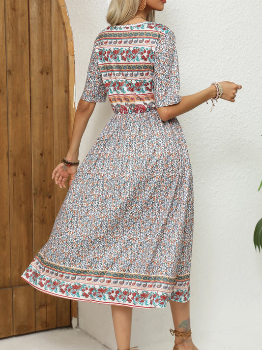 Bohemian To 3XL Print Midi Dress, Round neck, short sleeve, long skirt