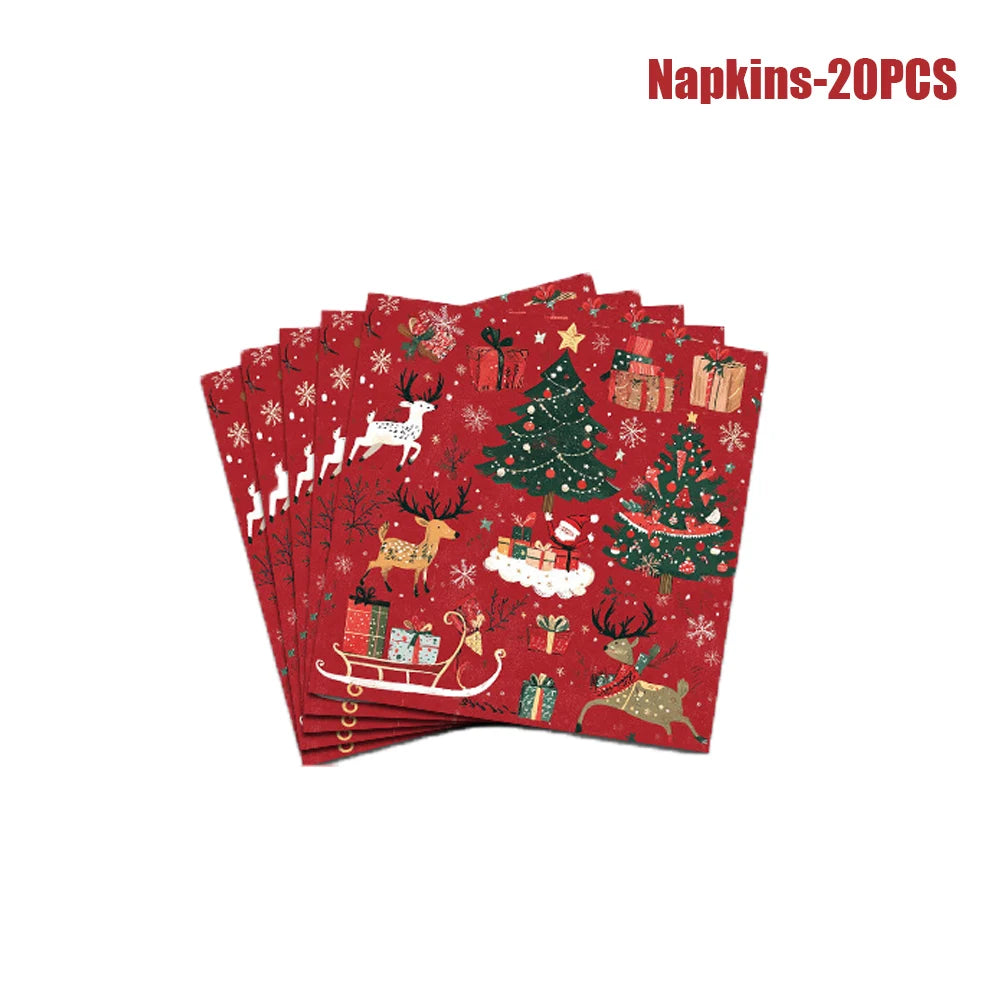 Christmas Reindeer and Trees Disposable Tableware Set, Plates, Cups, Straws, Napkins