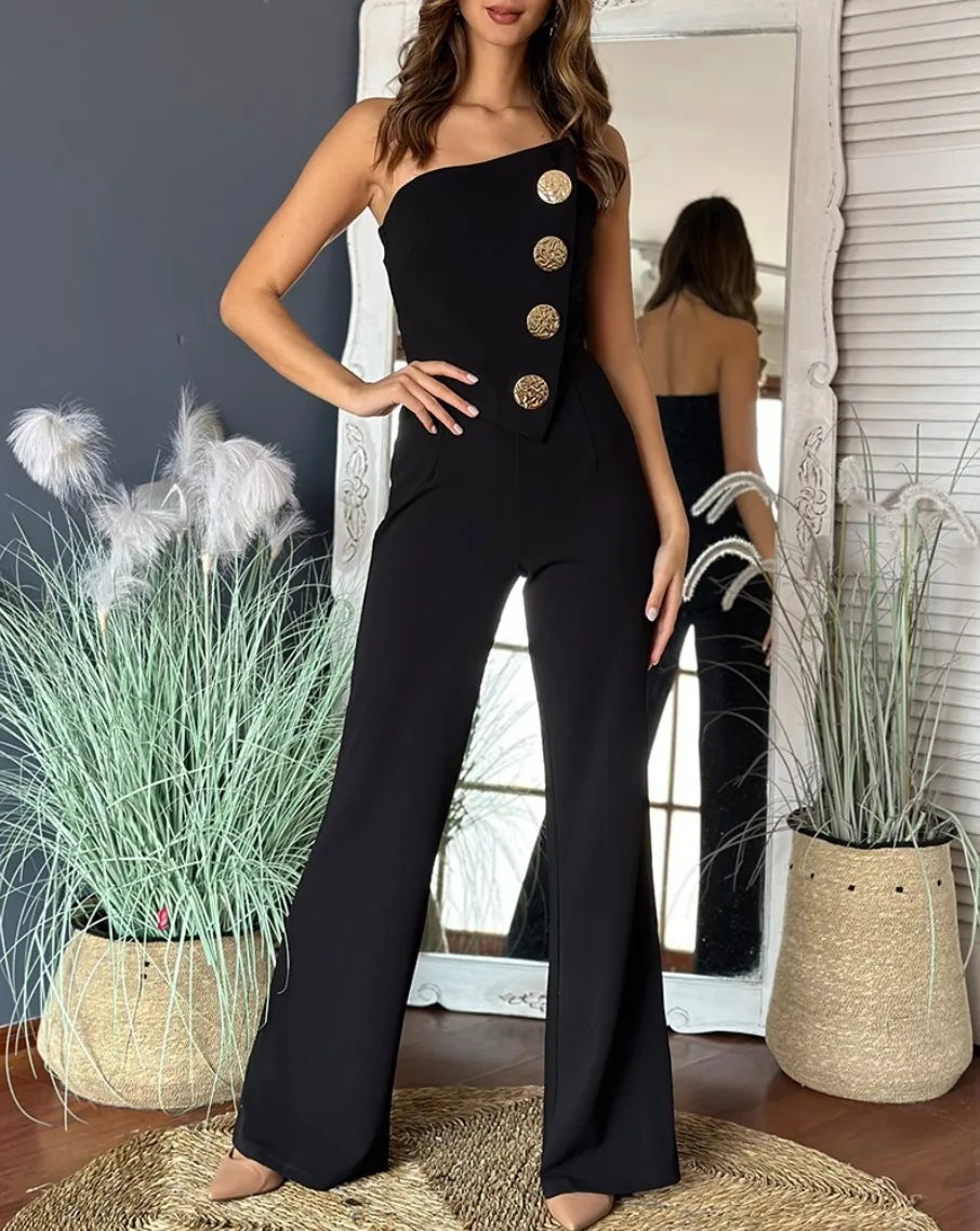 Asymmetrical Bandeau Strapless Jumpsuit Metal Buttons long pants, strapless