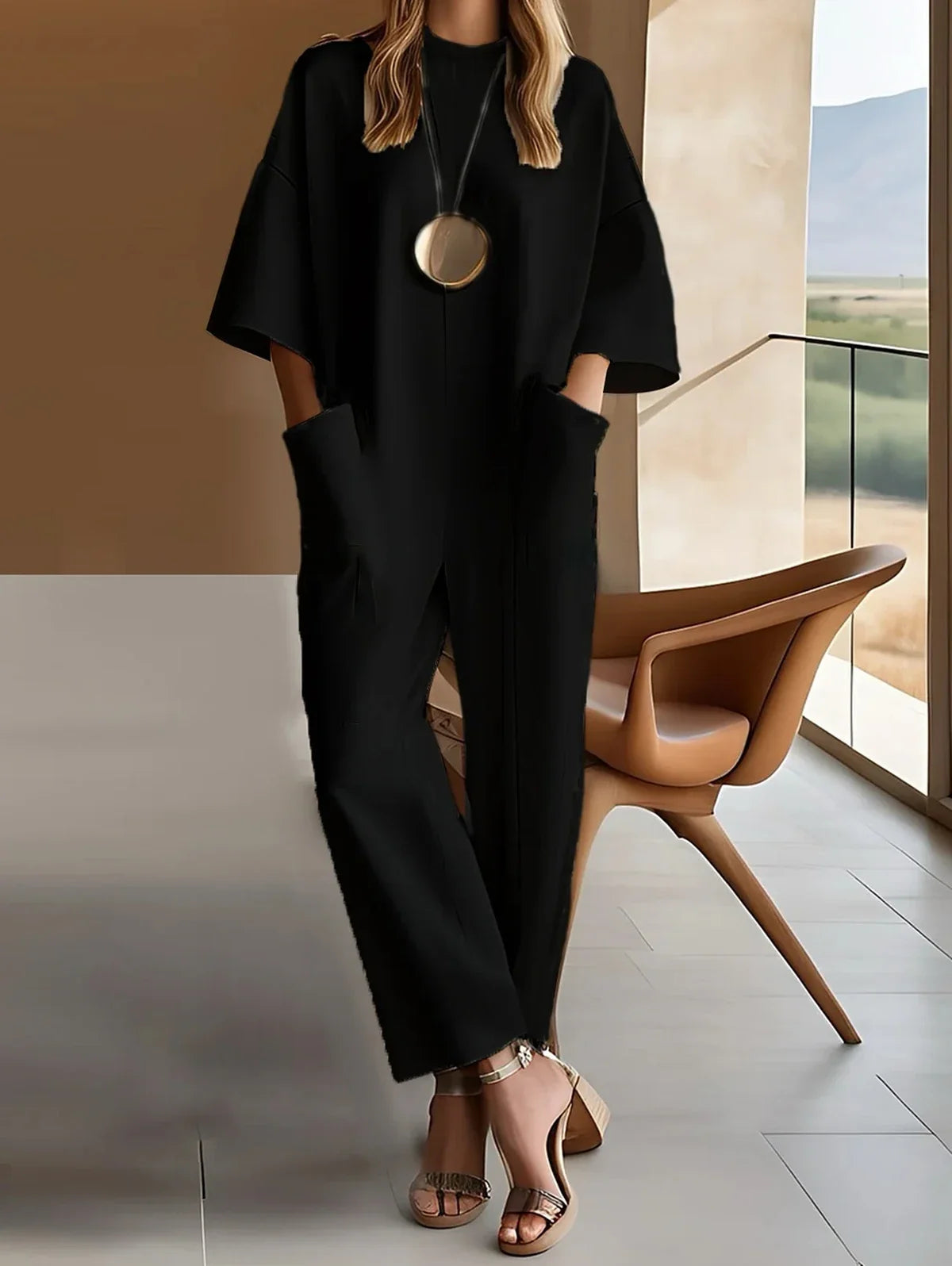Sizes to 3XL, Loose Minimalist Boho Jumpsuit 2 Oversized Pockets Round Neck Straight Pants Available in Black and White to Size 3XL