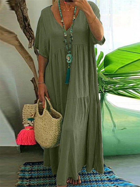Sizes to 5XL, Loose Casual Midi Dress, V-neck, Short Loose Sleeves
