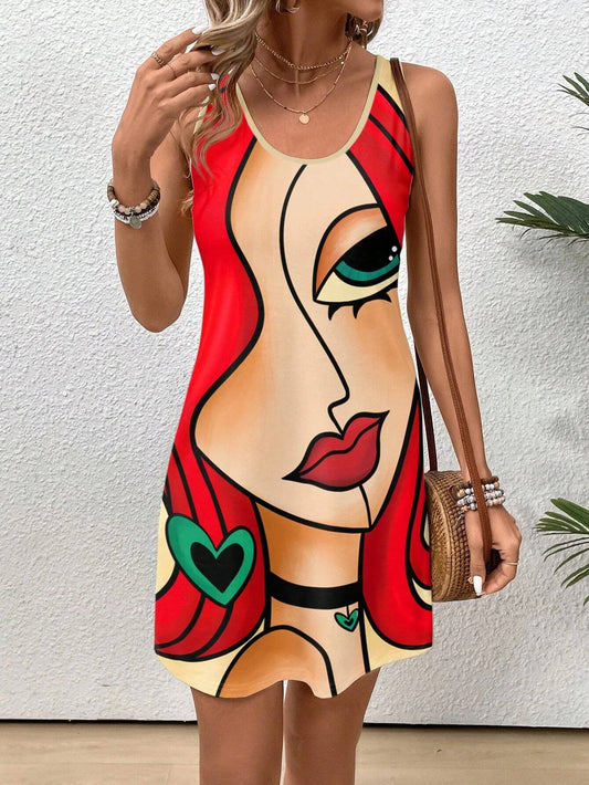 Vintage Floral Pattern Round Neck Short Tank Top Dress or Long Top